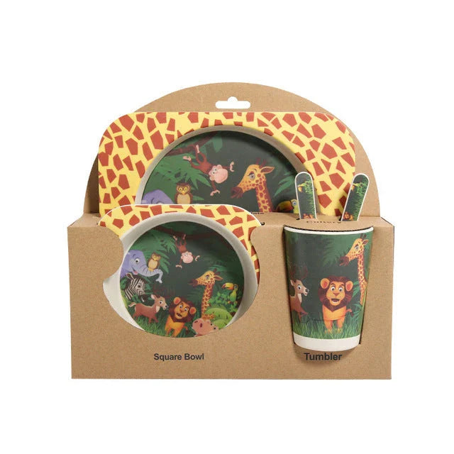 Five-piece bamboo fibre children's tableware set with vibrant animal-themed designs