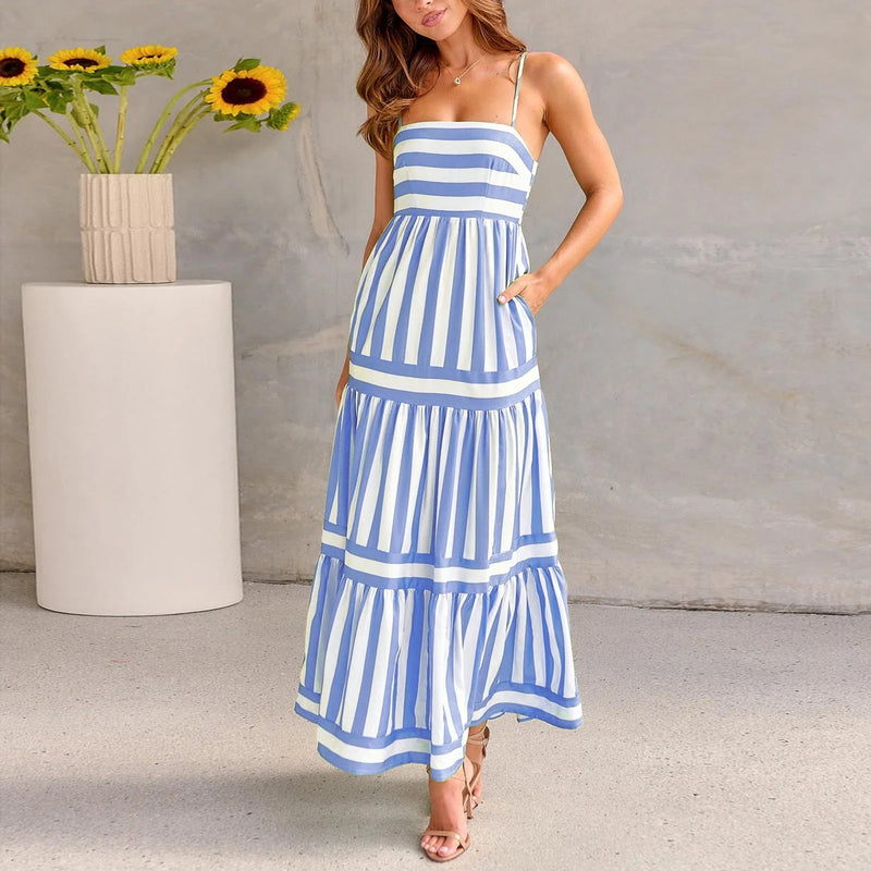 Stylish Backless Striped Dress for Beach Vacations