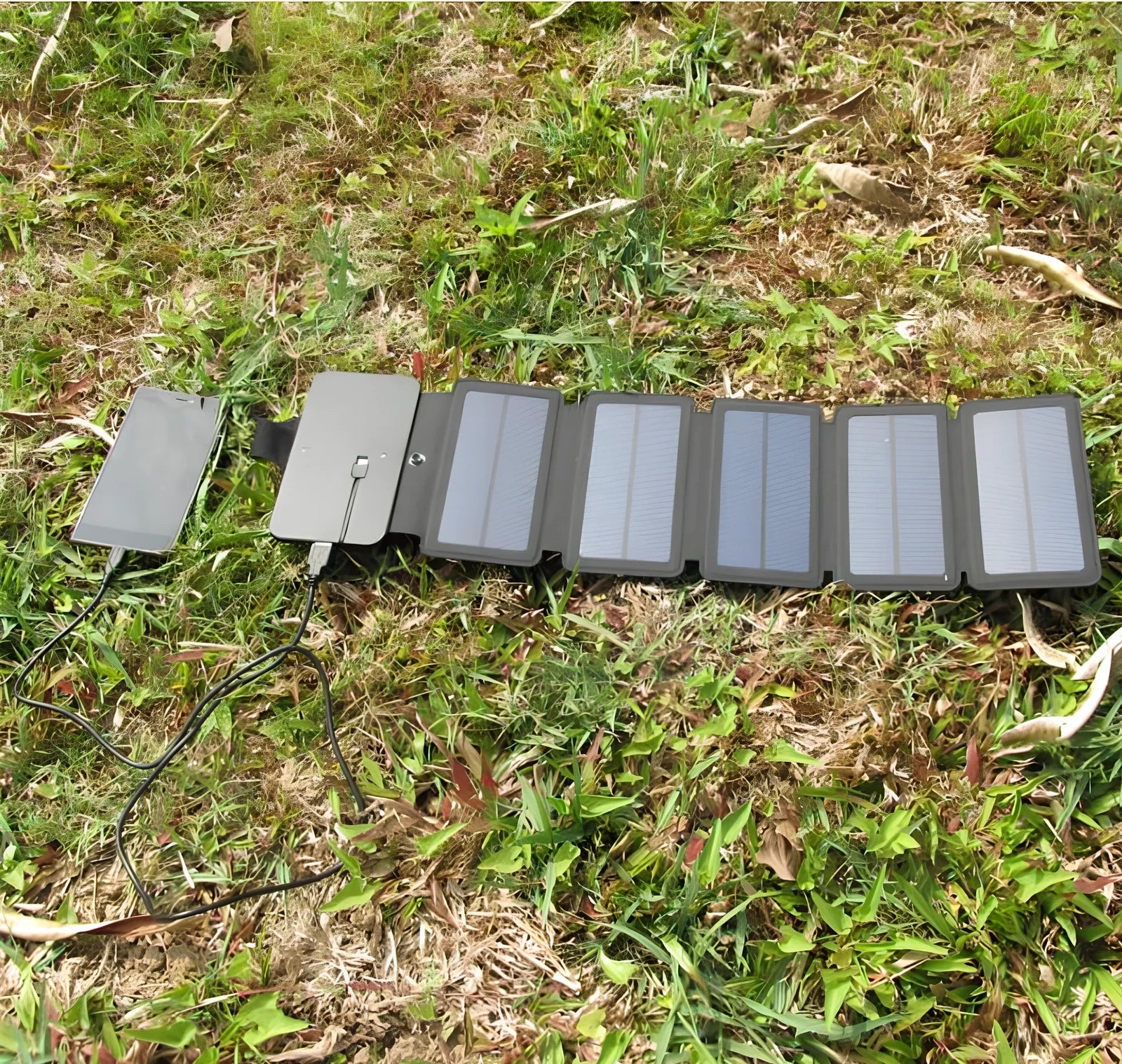 8W folding solar charger with expanded monocrystalline panel showing USB output port
