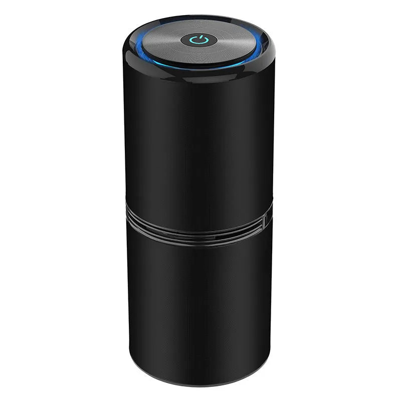 USB car negative ion air purifier in aluminium alloy and ABS, compact 65x153mm, available in black gold and rose pink, quiet operation below 27dB