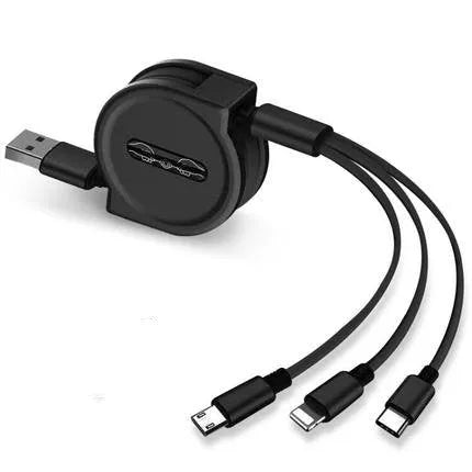 Black telescopic charging cable extended to full length showing three different connector types