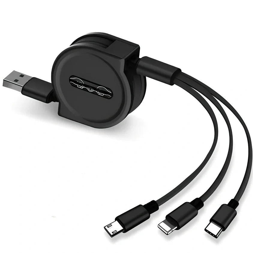Black 3-in-1 telescopic charging cable extended to 120cm with three titanium alloy connectors for multi-device use