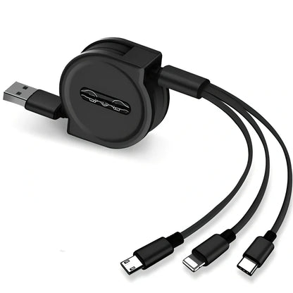 Black 3-in-1 telescopic charging cable extended to 120cm with three titanium alloy connectors for multi-device use