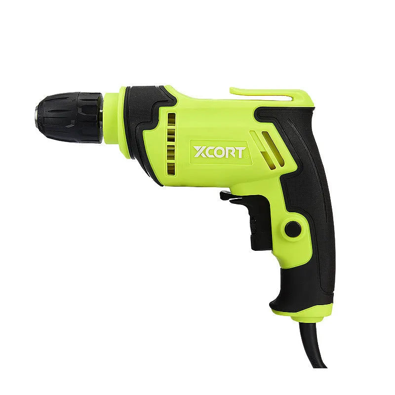 A black pistol-grip electric hand drill with a 10mm chuck, shown on a workbench.