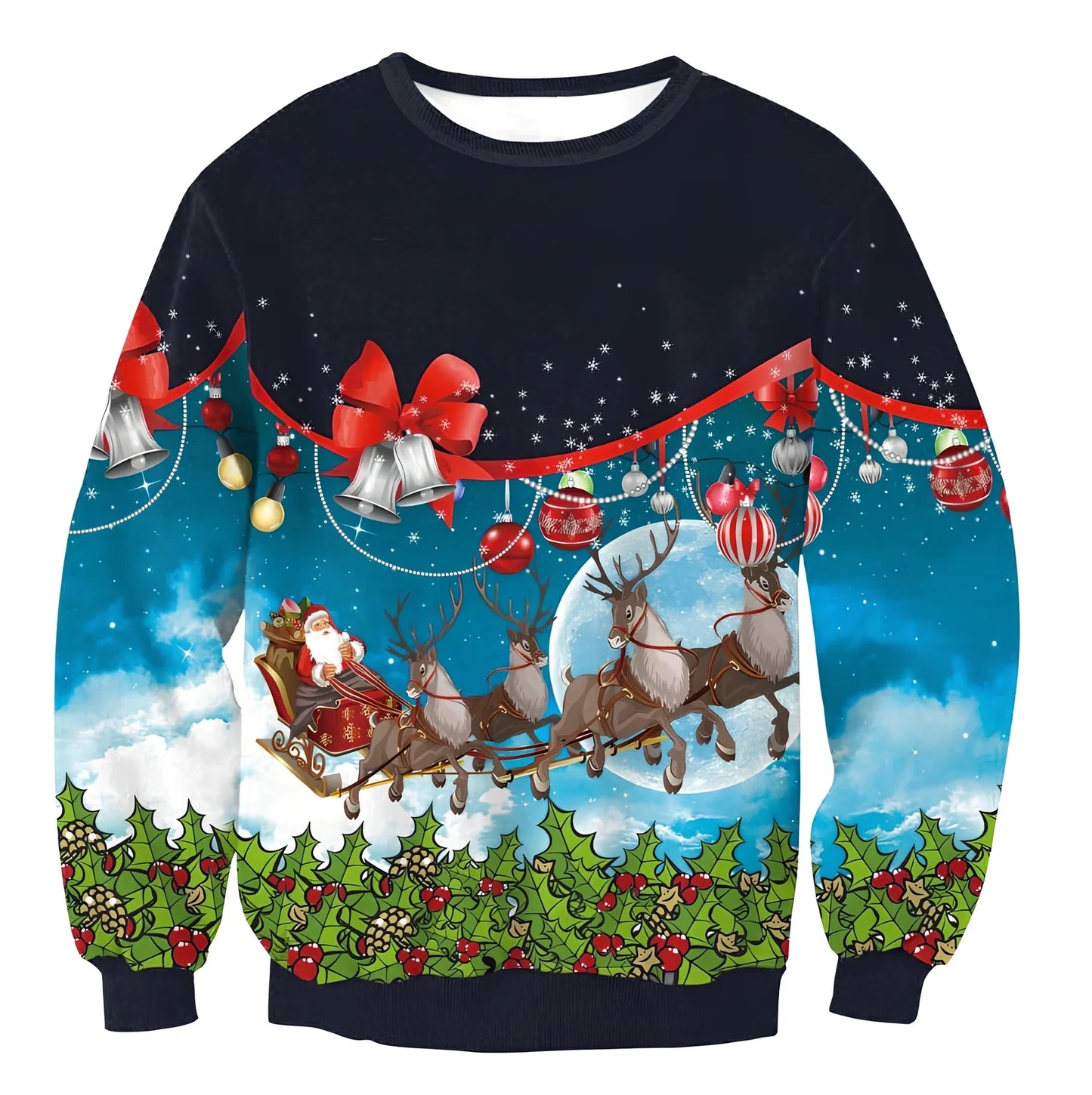 Cartoon Vacation Santa Elf pullover in cotton, full sleeves 60-70cm, O-neck for women and men, casual winter top sizes S-XL