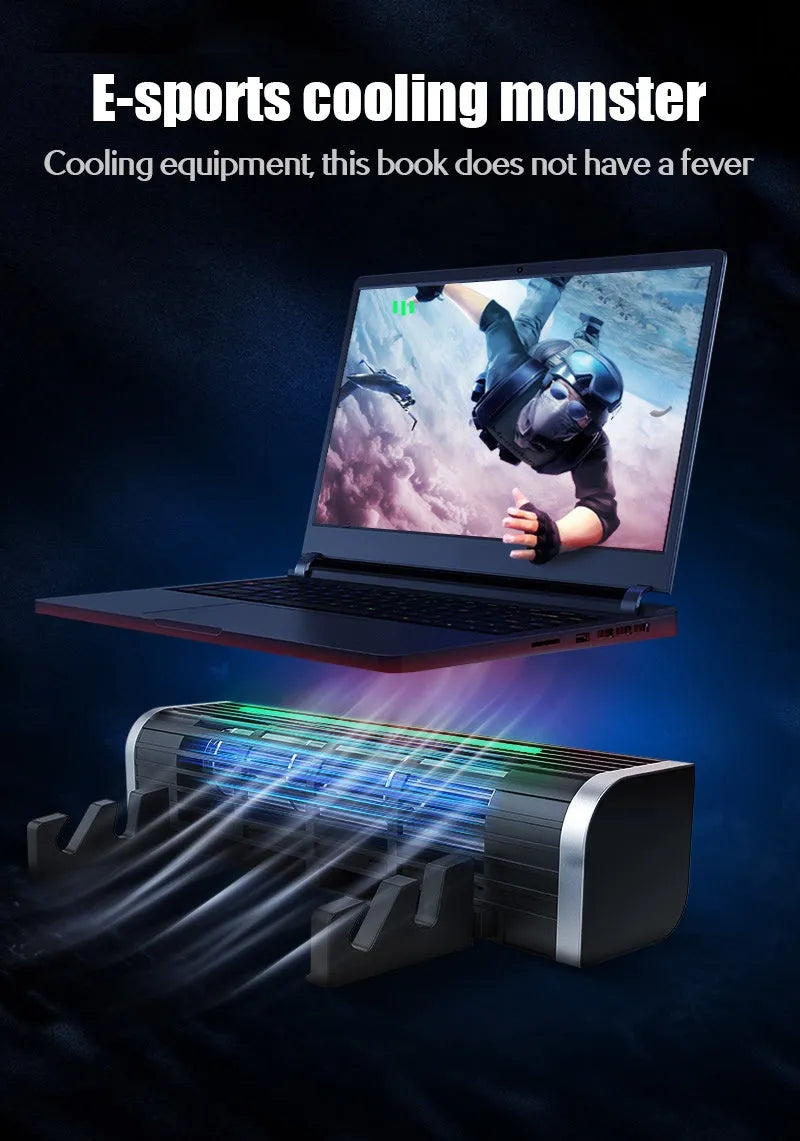 Black USB-powered laptop cooling pad with fan, shown with optional support stand.