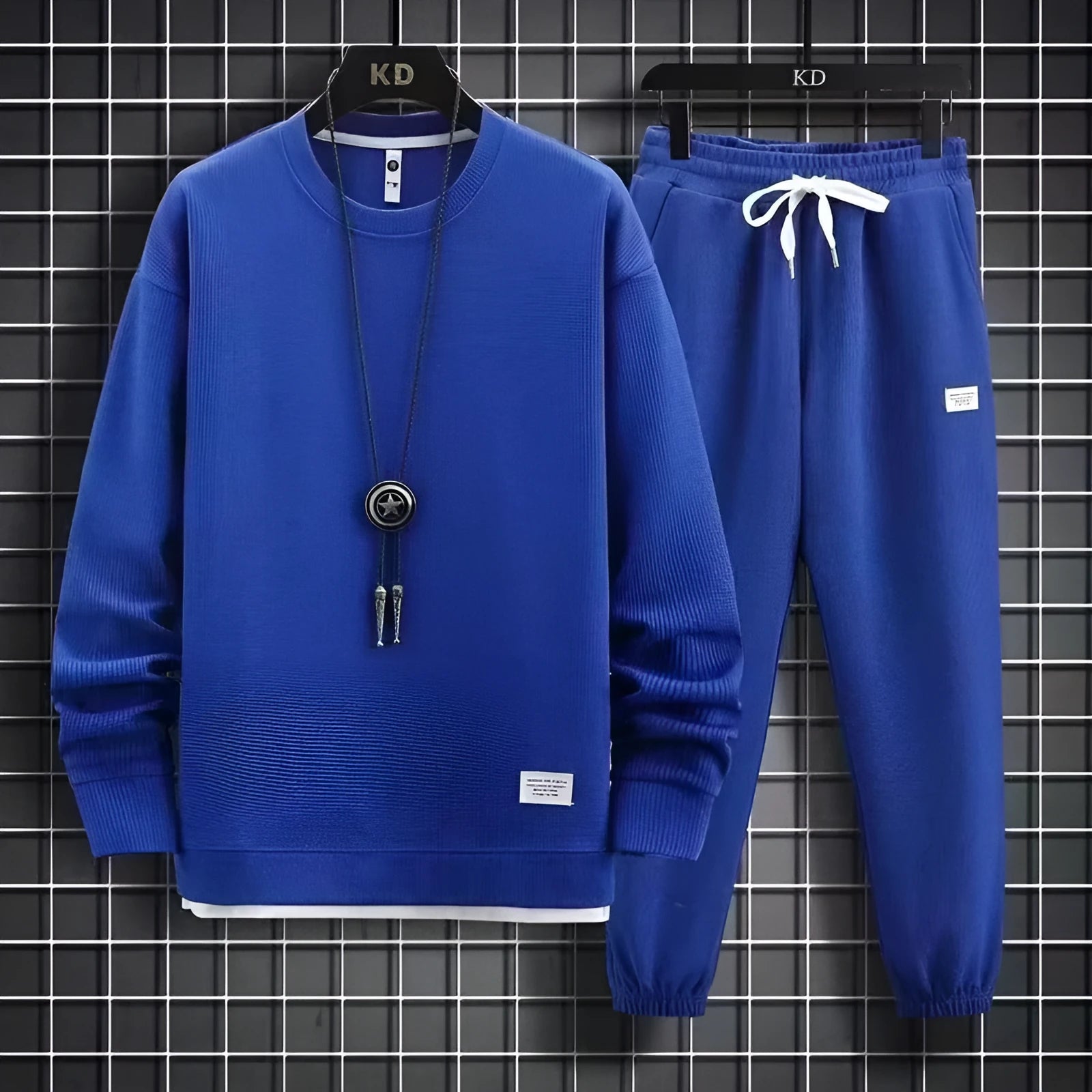Men's wool-blend long sleeve tracksuit set in dark grey, front view, on model