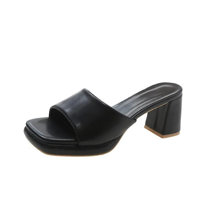 Women's square toe open toe slippers with chunky heel in solid colour PU upper
