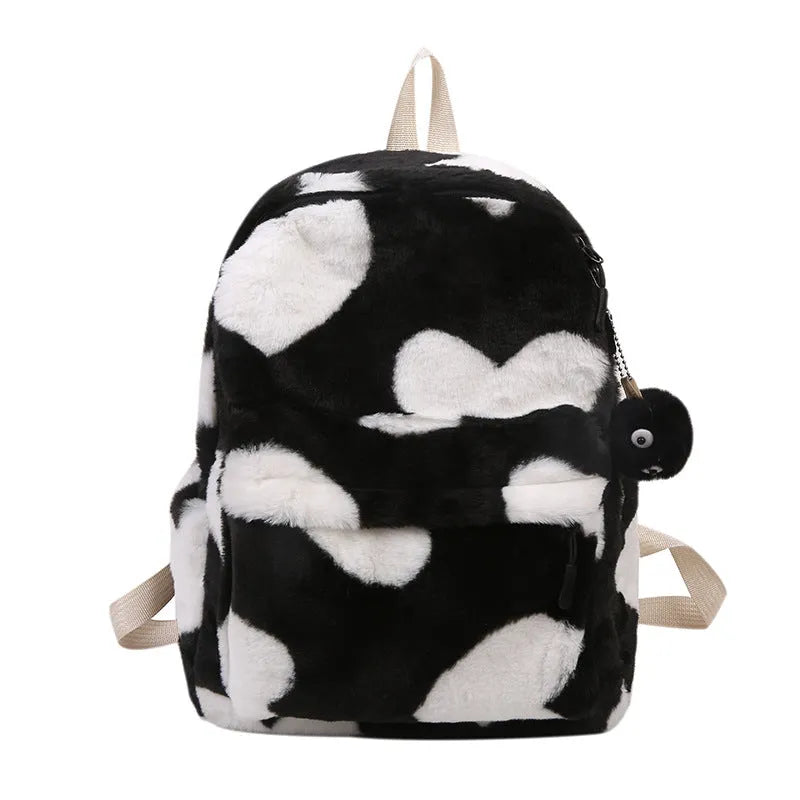 Plush furry backpack in khaki with heart-shaped pattern and front pocket, soft daypack for women