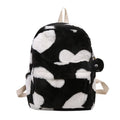 Plush furry backpack in khaki with heart-shaped pattern and front pocket, soft daypack for women