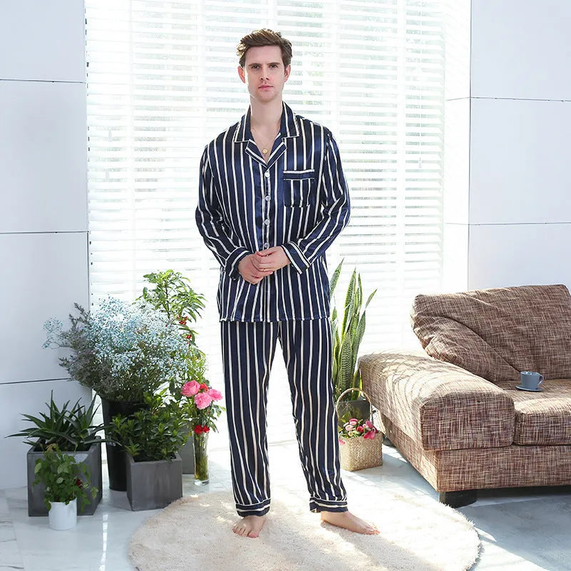 Men's blue stripe simulated silk pyjama suit with polyester fabric, two-piece set on hanger