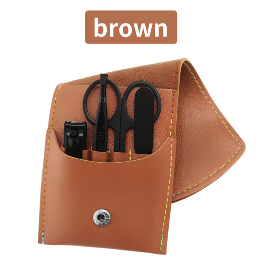 16-piece stainless steel manicure pedicure grooming kit in brown PU leather case with nail clippers and tools
