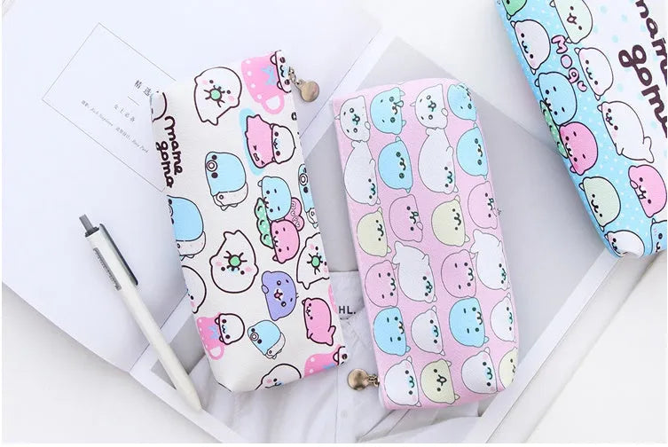 Blue triangle-shaped PU leather stationery bag with cartoon expressions and large zipper closure