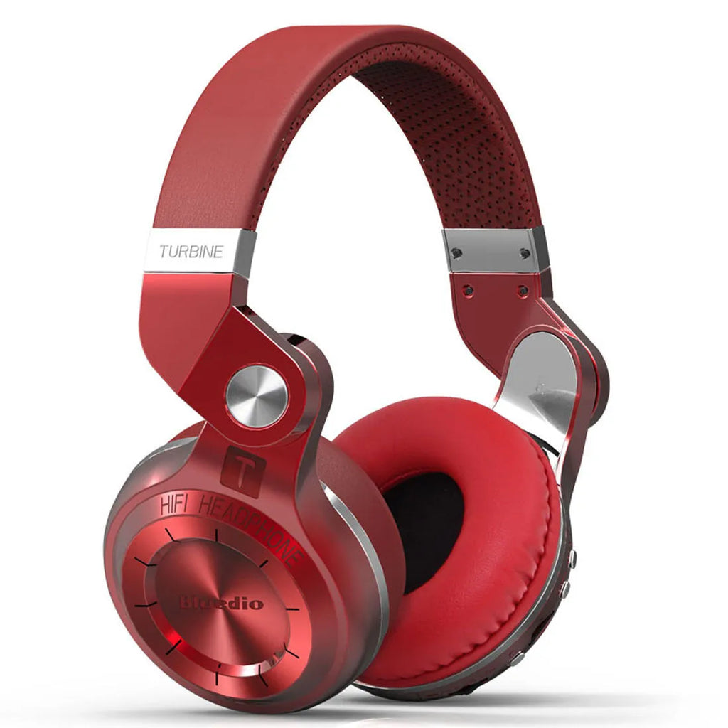 Over-ear Bluetooth headset with card plug-in subwoofer in black, blue, red, or white colour options.