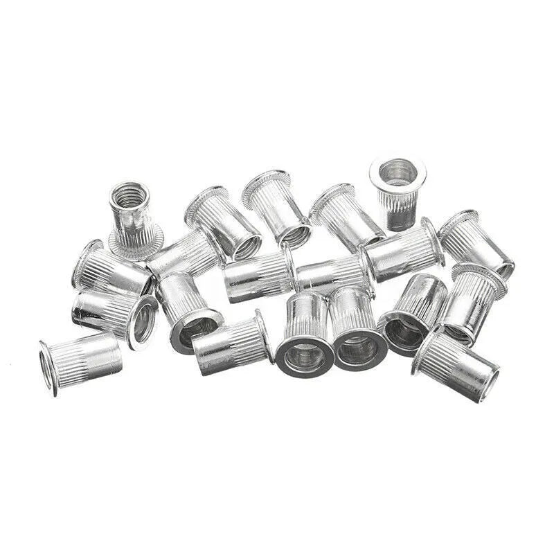 Alloy steel manual riveter gun with a case of rivet nuts from an 86-piece or 106-piece kit.