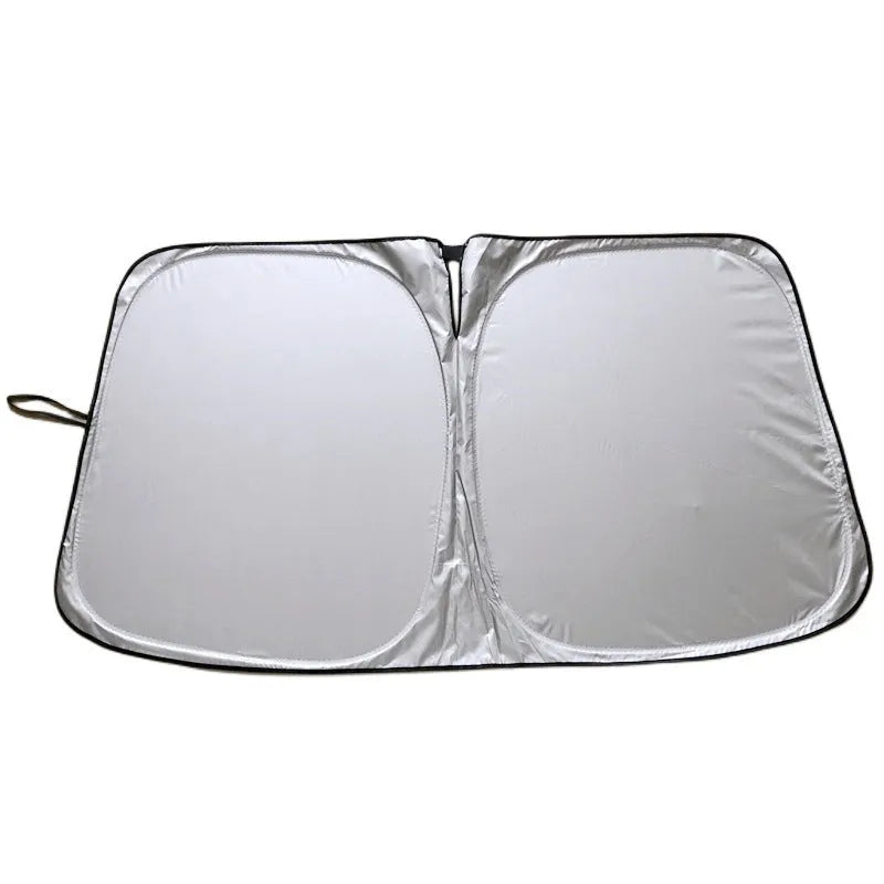 Titanium silver aluminium foil car sunshade laid flat showing its rectangular shape and size.