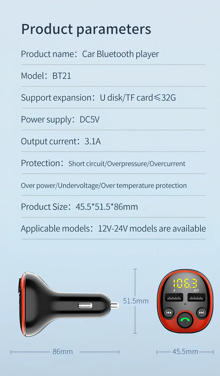 Black car MP3 player with orange LED screen, dual USB ports, 51x45x86mm size for FM transmission and Bluetooth audio