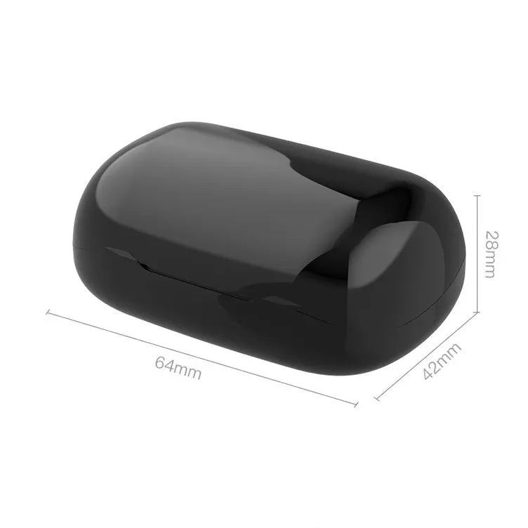 A Black TWS Bluetooth headset with earbuds and charging case on a white background.