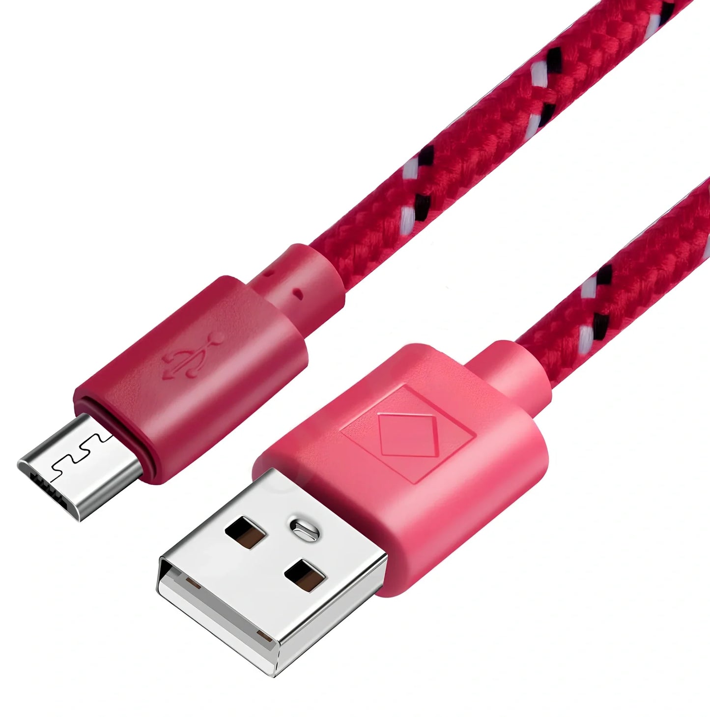 Woven nylon cloth data cable in multiple colours showing Android micro and USB-C connector options