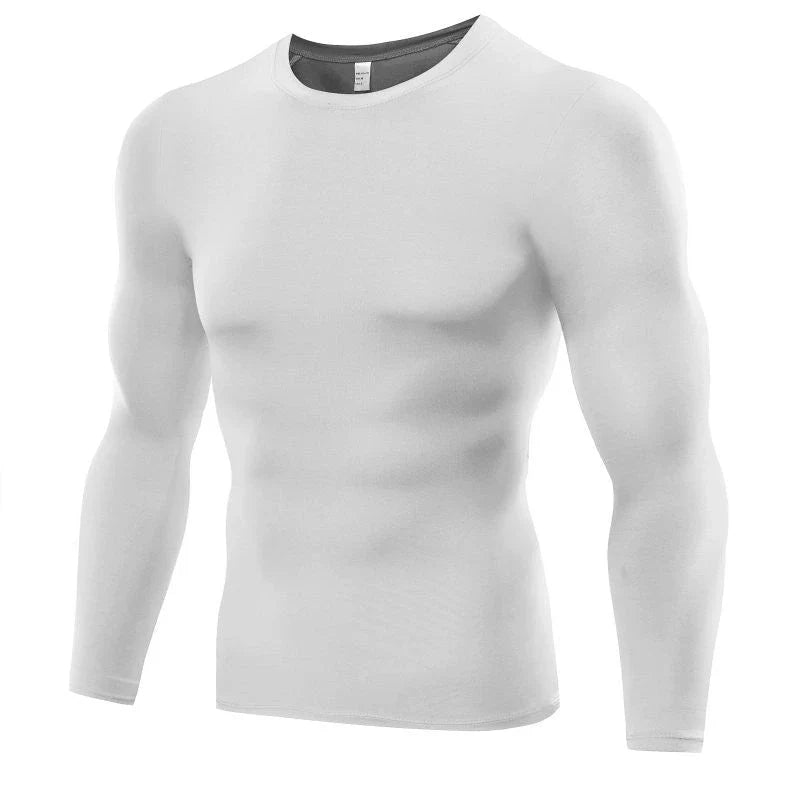 Premium men's compression long sleeve workout top in various colors and sizes