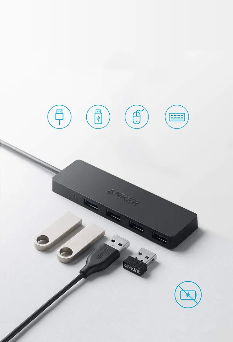 Black Anker 4-port USB 3.0 hub with 20cm cable showing compact 30x107mm dimensions