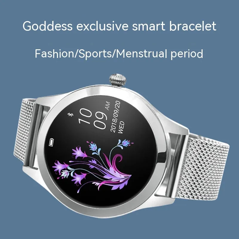 Women's sports smartwatch with heart rate monitoring display showing black, rose gold, silver, and white colour options