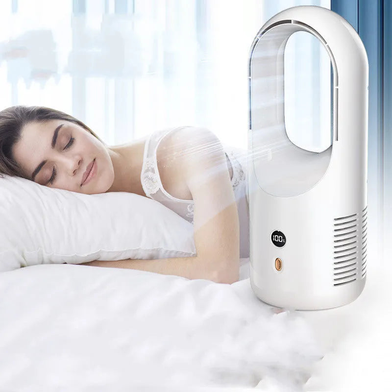 A compact white bladeless desk fan with an LED display, showing its dimensions and safe, blade-free air outlet.