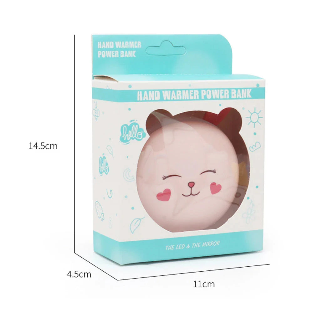 Portable 3 in 1 USB power bank with hand warmer and LED makeup mirror in blue and pink