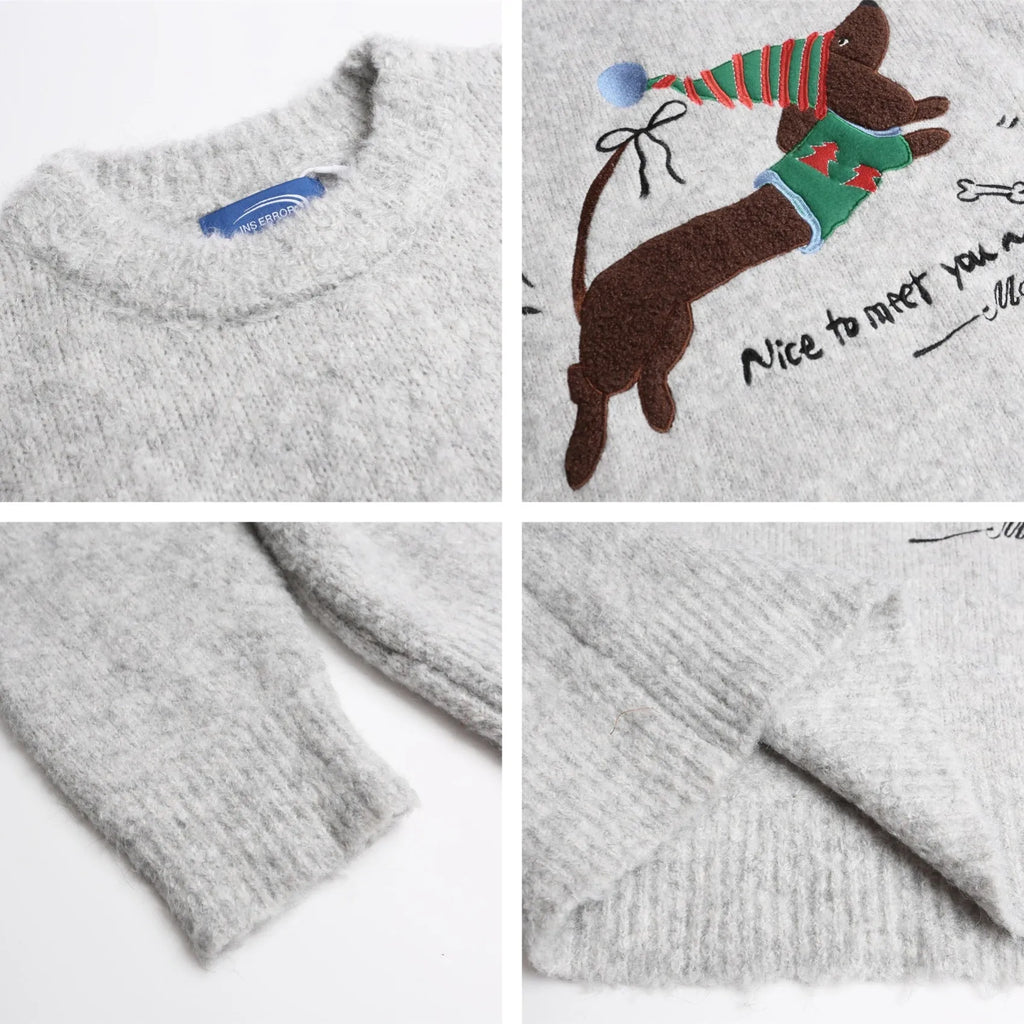 Gray American retro round neck sweater with Christmas hat puppy embroidery design for teenagers, loose fit, polyester fabric