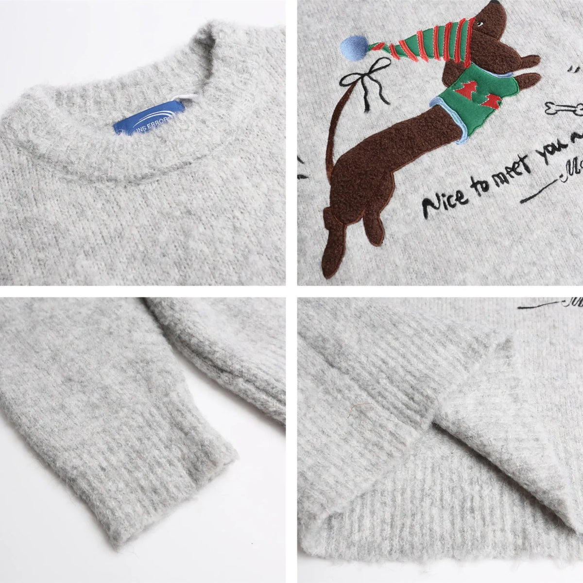 Gray American retro round neck sweater with Christmas hat puppy embroidery design for teenagers, loose fit, polyester fabric
