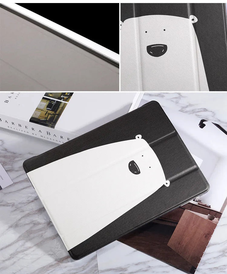 Non-Apple imitation leather iPad case in black with a geometric pattern, showing a precise cutout for the camera and ports