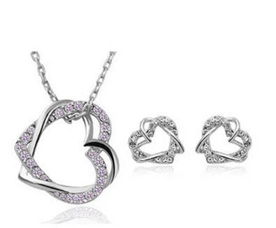 Double diamond heart necklace and earring set in silver and gold