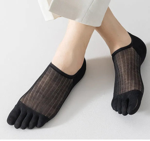 Modal cotton five-finger boat socks in black colour showing ultra-thin construction and toe separation.