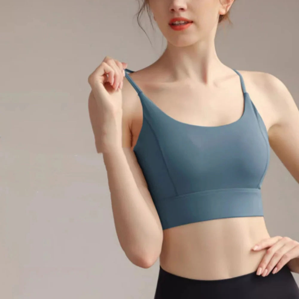 Women's yoga vest with fixed double-shoulder straps in tide blue colour