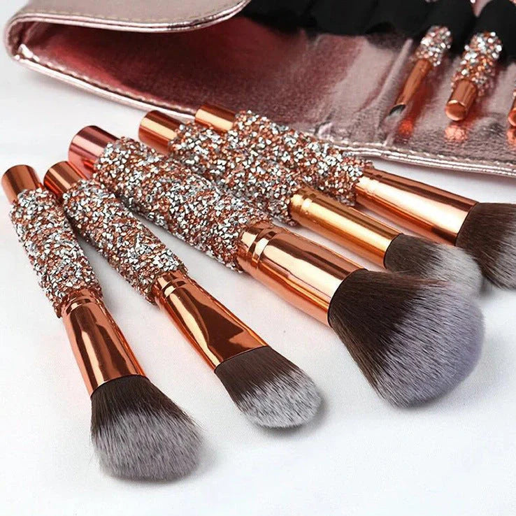 10 colourful makeup brushes with diamond wrap design and nylon bristles for powder application