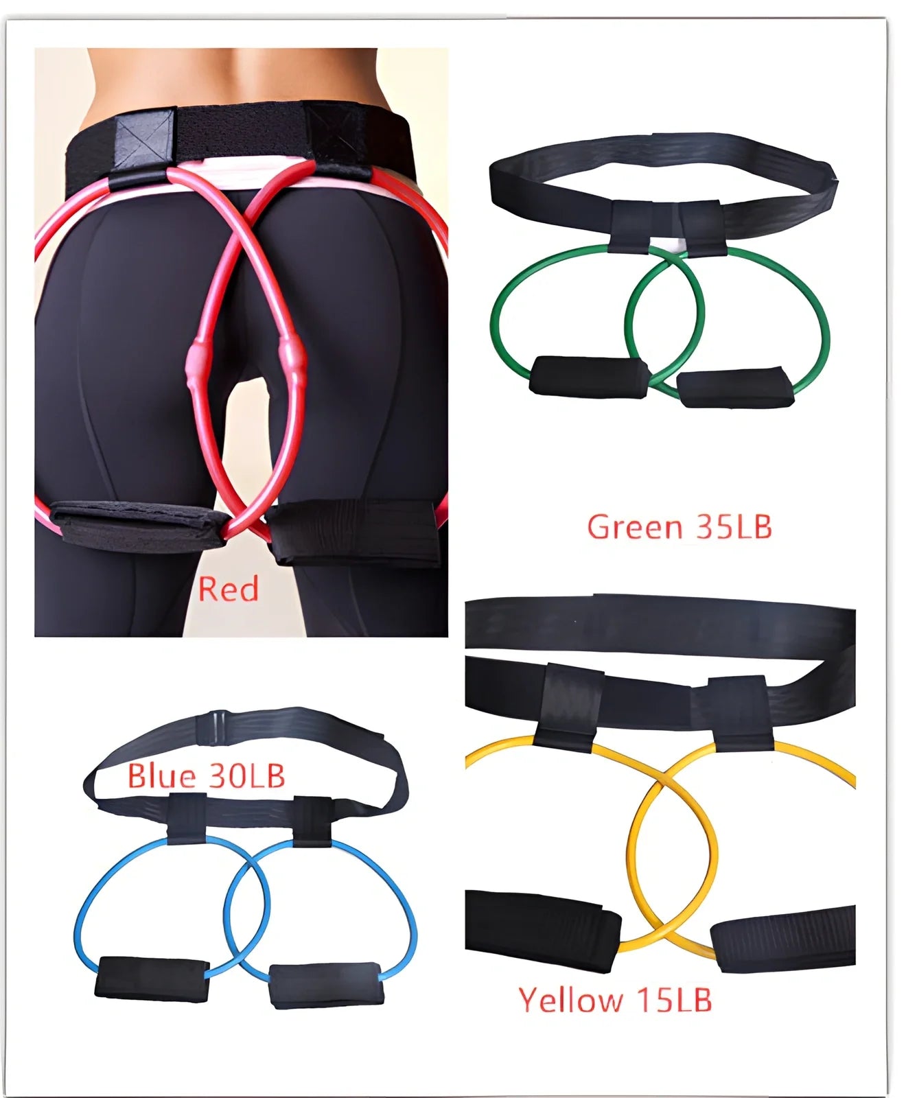 Women's adjustable waist resistance band with colour-coded latex tubes and pedal exerciser foot straps