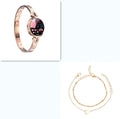Fashion women's smart watch with round LCD screen and stainless steel strap in Rose Gold