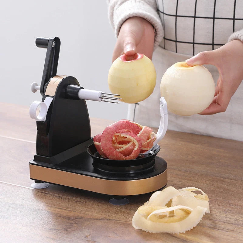 Hand Crank Peeler in black and gold, efficient for peeling fruits and vegetables