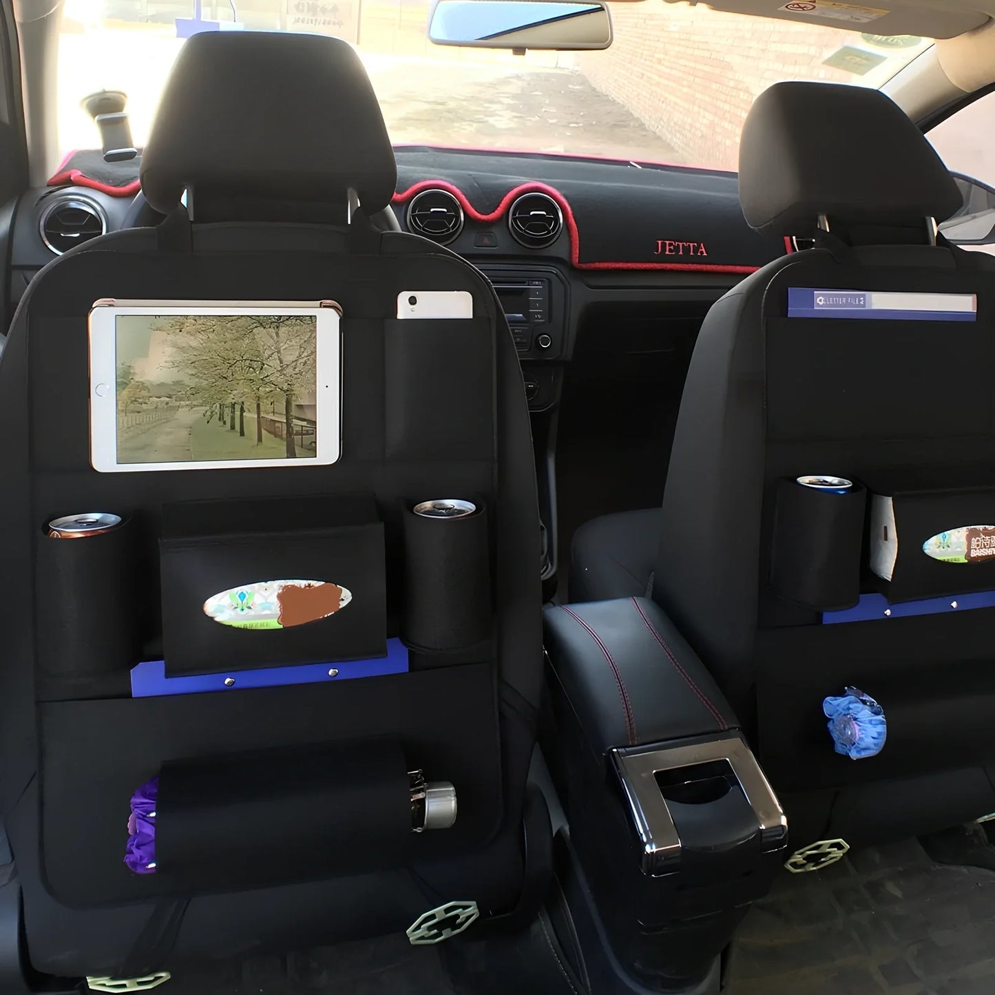 Car backseat organiser with multiple pockets measuring 40x55cm in wool felt material
