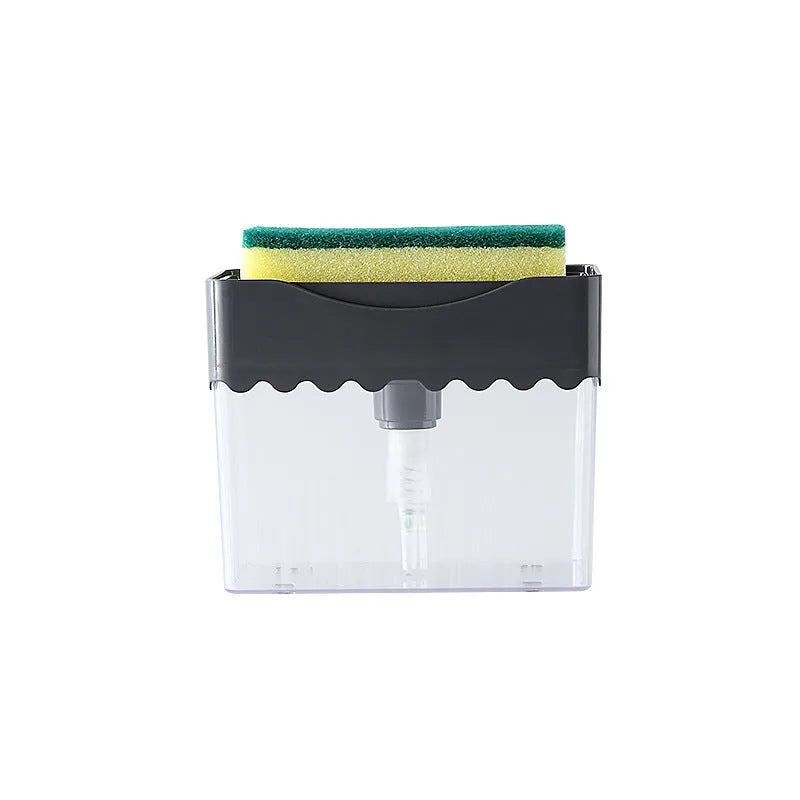 Two-in-one kitchen soap dispenser with sponge in white, blue, and grey colours