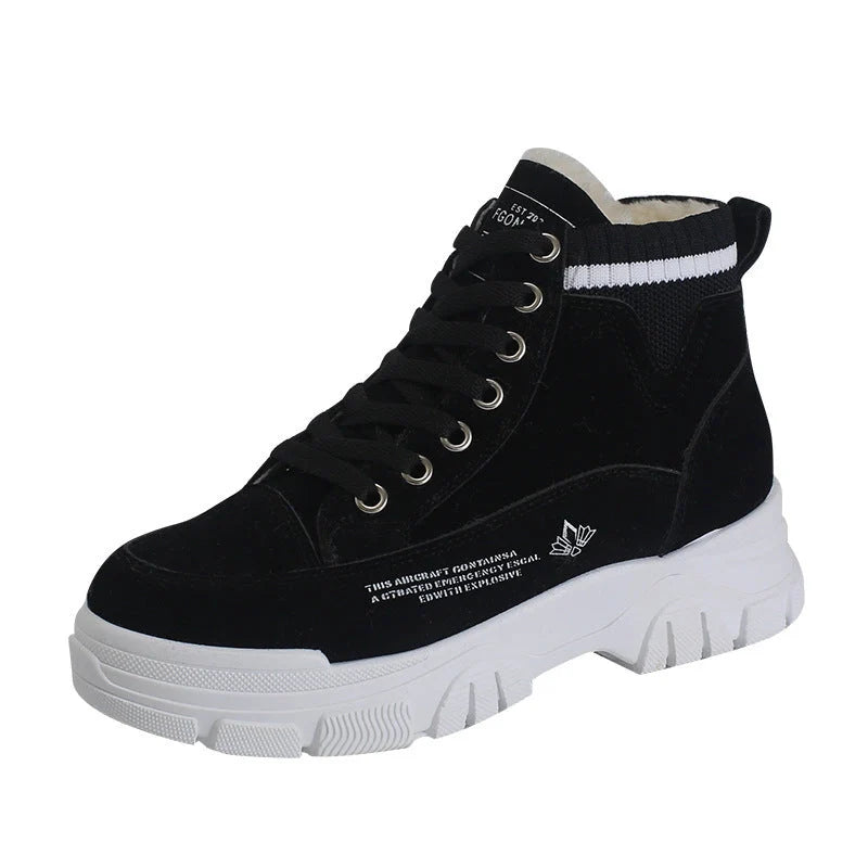Ladies lace-up fashion sneakers with warm plush lining for winter wear