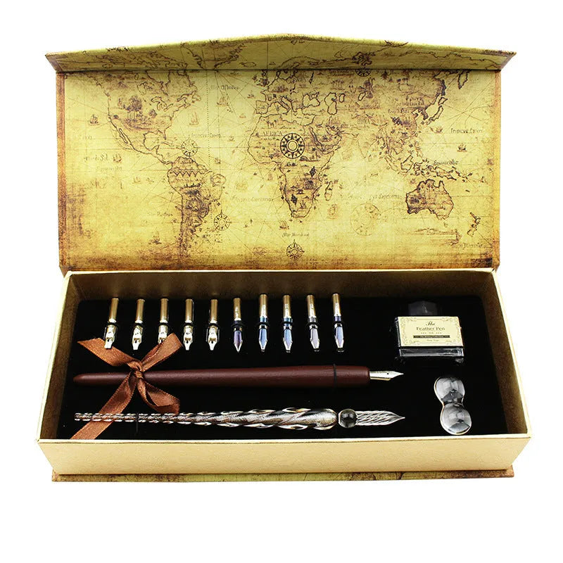 Handmade crystal glass and wooden dip pen set in gift box with stainless steel nib, retro design for calligraphy
