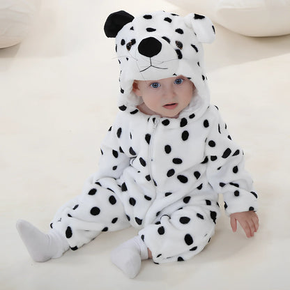 Cotton flannel baby romper with animal print design for winter wear, showing reinforced stitching and soft fabric texture