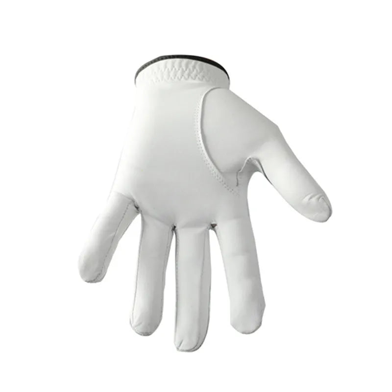 A single white men's golf glove made from half sheepskin leather, shown flat.