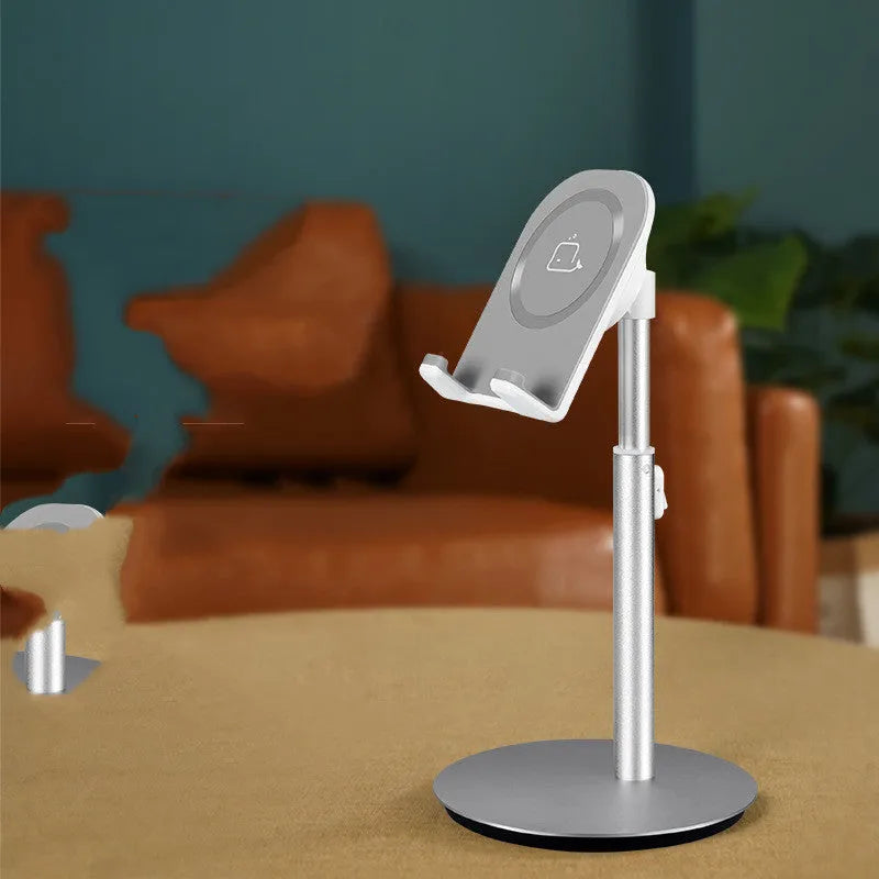 Silver metal computer phone holder on desktop with tablet showing 3-11 inch compatibility