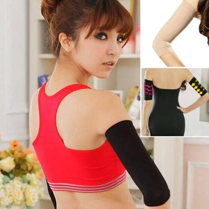 Compression arm shaping sleeves in black and natural colors, designed to slim and sculpt the arms