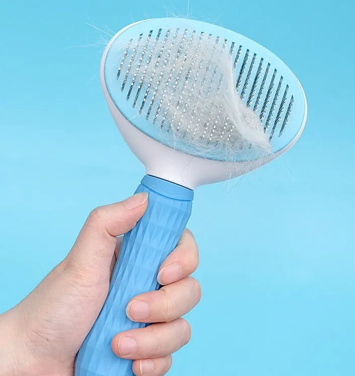 Pet self-cleaning comb with fine needle teeth, one-click button, stainless steel and rubber, 19 cm