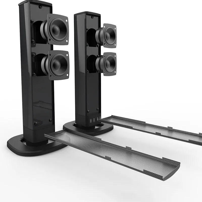 Black foldable split Bluetooth speaker showing dual speaker units with dimensions 490mm x 50mm x 50mm