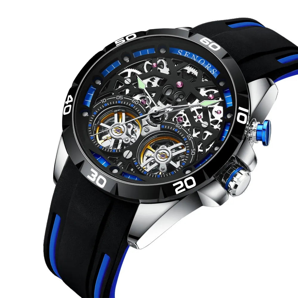 Men's automatic mechanical skeleton watch with luminous hands on a wrist, showing blue or red colour variant.