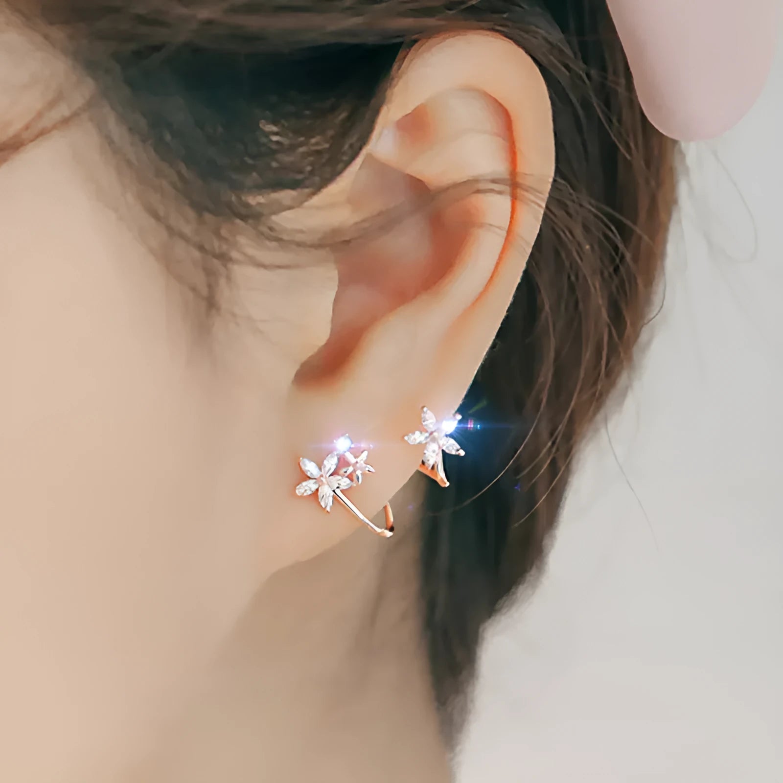 Silver flower earring for short hair in rose gold colour option